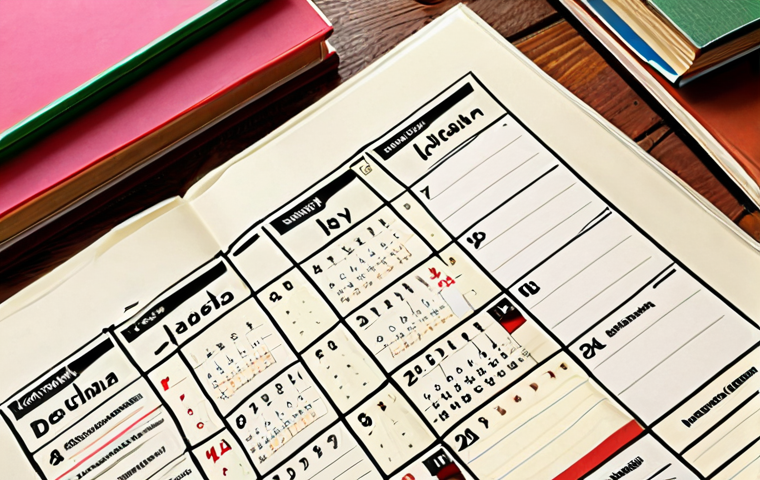 ** A visually appealing calendar meticulously marked with deadlines and reminders, surrounded by Italian textbooks and translation dictionaries. Style: Bright, organized, and inspiring.
**