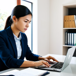 A professional woman, fully clothed in a modest business-casual outfit, sits at a clean, modern desk in a well-lit home study room. She is intensely focused on her laptop screen, which displays a CAT tool interface for translation. Scattered around her on the desk are neatly organized legal documents and professional books. The atmosphere is calm and studious, emphasizing strategic preparation for a certified translator exam. The image is a professional photograph with soft, natural lighting, safe for work, appropriate content, fully clothed, professional, perfect anatomy, correct proportions, natural pose, well-formed hands, proper finger count, natural body proportions, high quality.