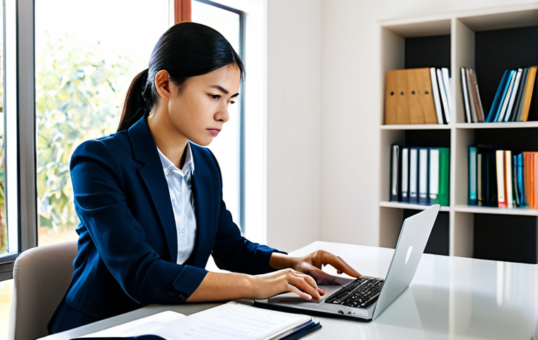 A professional woman, fully clothed in a modest business-casual outfit, sits at a clean, modern desk in a well-lit home study room. She is intensely focused on her laptop screen, which displays a CAT tool interface for translation. Scattered around her on the desk are neatly organized legal documents and professional books. The atmosphere is calm and studious, emphasizing strategic preparation for a certified translator exam. The image is a professional photograph with soft, natural lighting, safe for work, appropriate content, fully clothed, professional, perfect anatomy, correct proportions, natural pose, well-formed hands, proper finger count, natural body proportions, high quality.