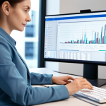 A professional female translator, fully clothed in a modest business casual outfit, sitting at a sleek modern desk in a bright, contemporary office. She is focused on a large monitor displaying lines of text, with one hand resting thoughtfully on a keyboard, illustrating the integration of human post-editing with AI translation tools. The desk is clean, with subtle tech elements like a tablet or stylus. The background features blurred office architecture, emphasizing efficiency and the synergy between human expertise and technology. Perfect anatomy, correct proportions, natural pose, well-formed hands, proper finger count, natural body proportions, safe for work, appropriate content, fully clothed, professional photography, high quality.