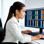 A professional female linguist, fully clothed in a modest business blazer and smart trousers, is seated at a modern ergonomic desk in a brightly lit, contemporary office. She is focused intently on multiple computer screens displaying sophisticated CAT (Computer-Assisted Translation) tool interfaces and linguistic data, emphasizing a digital workflow and technological integration in translation. Perfect anatomy, correct proportions, well-formed hands, natural pose. Professional photography, high-resolution, sharp focus, appropriate content, safe for work, professional dress.