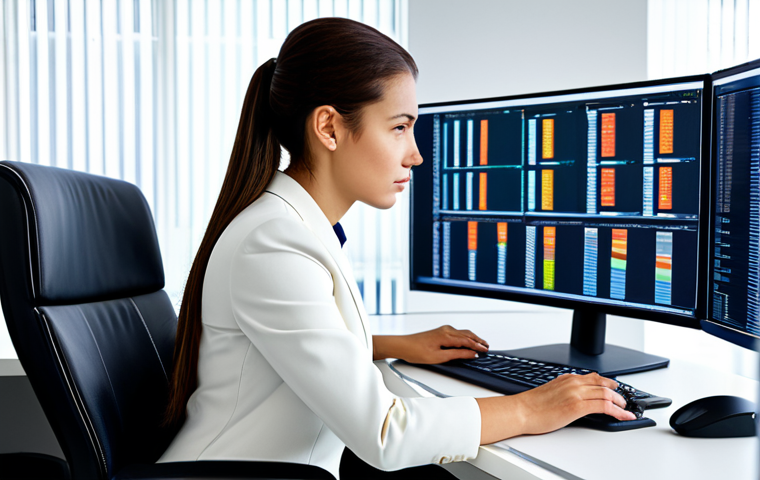 A professional female linguist, fully clothed in a modest business blazer and smart trousers, is seated at a modern ergonomic desk in a brightly lit, contemporary office. She is focused intently on multiple computer screens displaying sophisticated CAT (Computer-Assisted Translation) tool interfaces and linguistic data, emphasizing a digital workflow and technological integration in translation. Perfect anatomy, correct proportions, well-formed hands, natural pose. Professional photography, high-resolution, sharp focus, appropriate content, safe for work, professional dress.