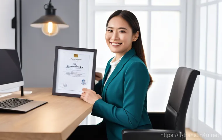 번역사 자격증 시험 대비 전반적인 로드맵 - **A highly confident and accomplished female professional translator**, in her early 30s, is seated ...