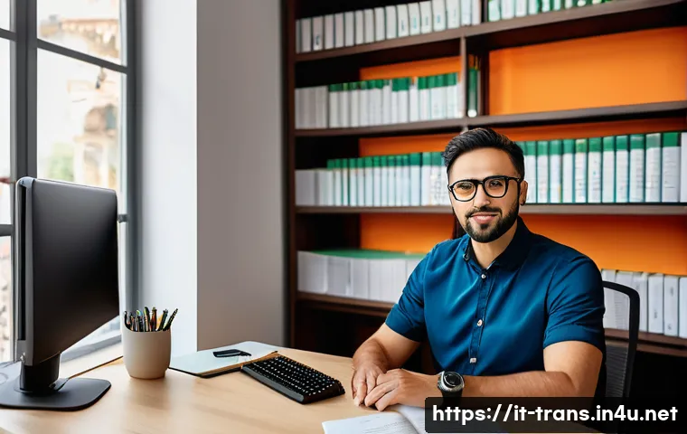 번역사 자격증으로 경력 전환 성공하기 - A professional Italian translator at a modern desk, wearing smart casual attire and glasses, focused...
