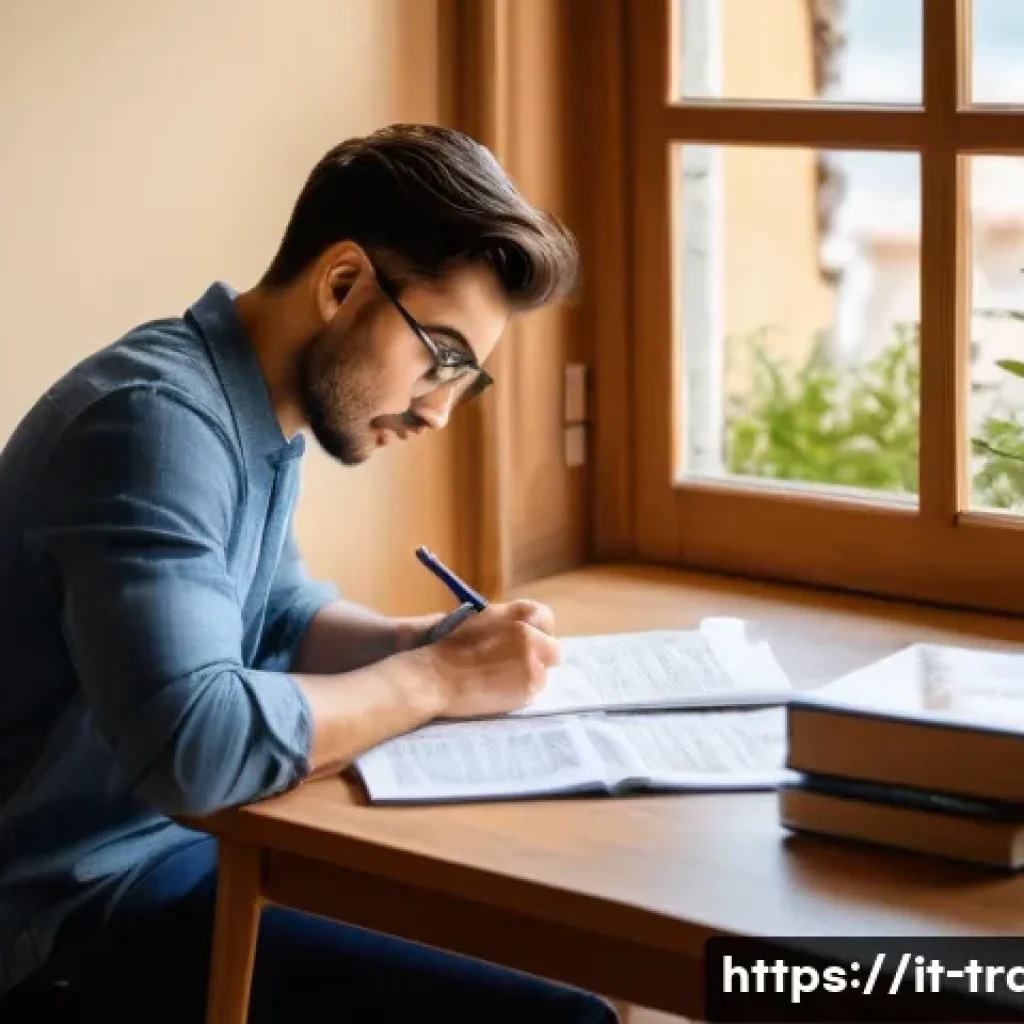 번역사 자격증 시험 합격률 - A focused adult student studying at a modern desk in a bright Italian-style home office, surrounded ...