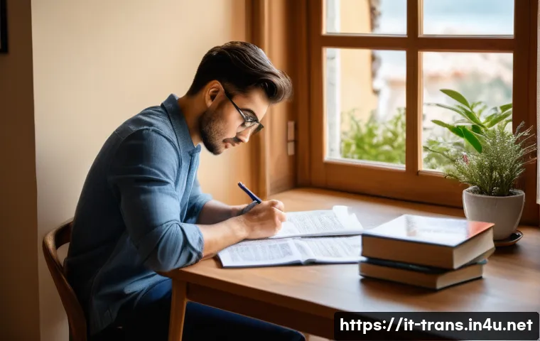 번역사 자격증 시험 합격률 - A focused adult student studying at a modern desk in a bright Italian-style home office, surrounded ...