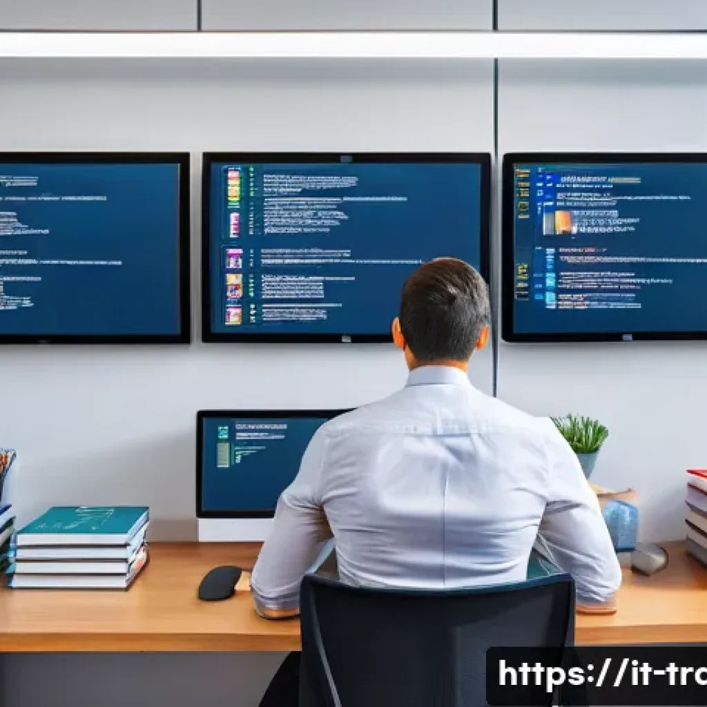 번역사 자격증의 전망과 중요성 - A professional Italian translator sitting at a modern workspace with dual monitors displaying transl...
