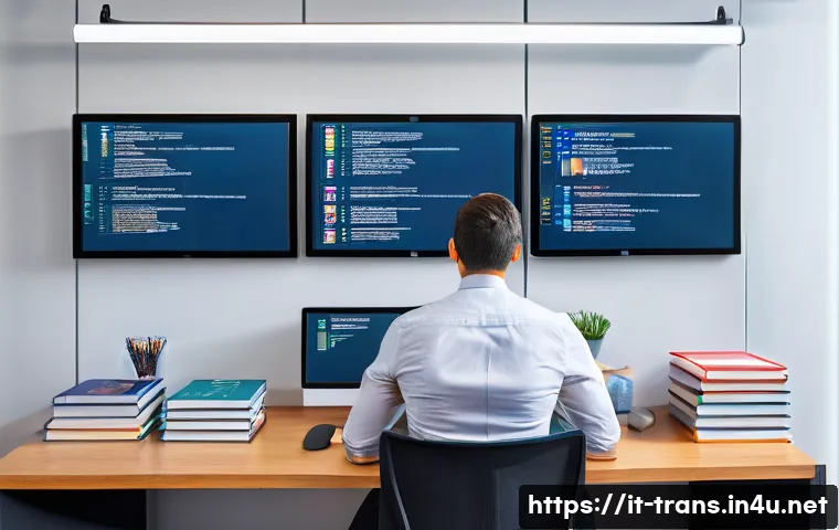 번역사 자격증의 전망과 중요성 - A professional Italian translator sitting at a modern workspace with dual monitors displaying transl...