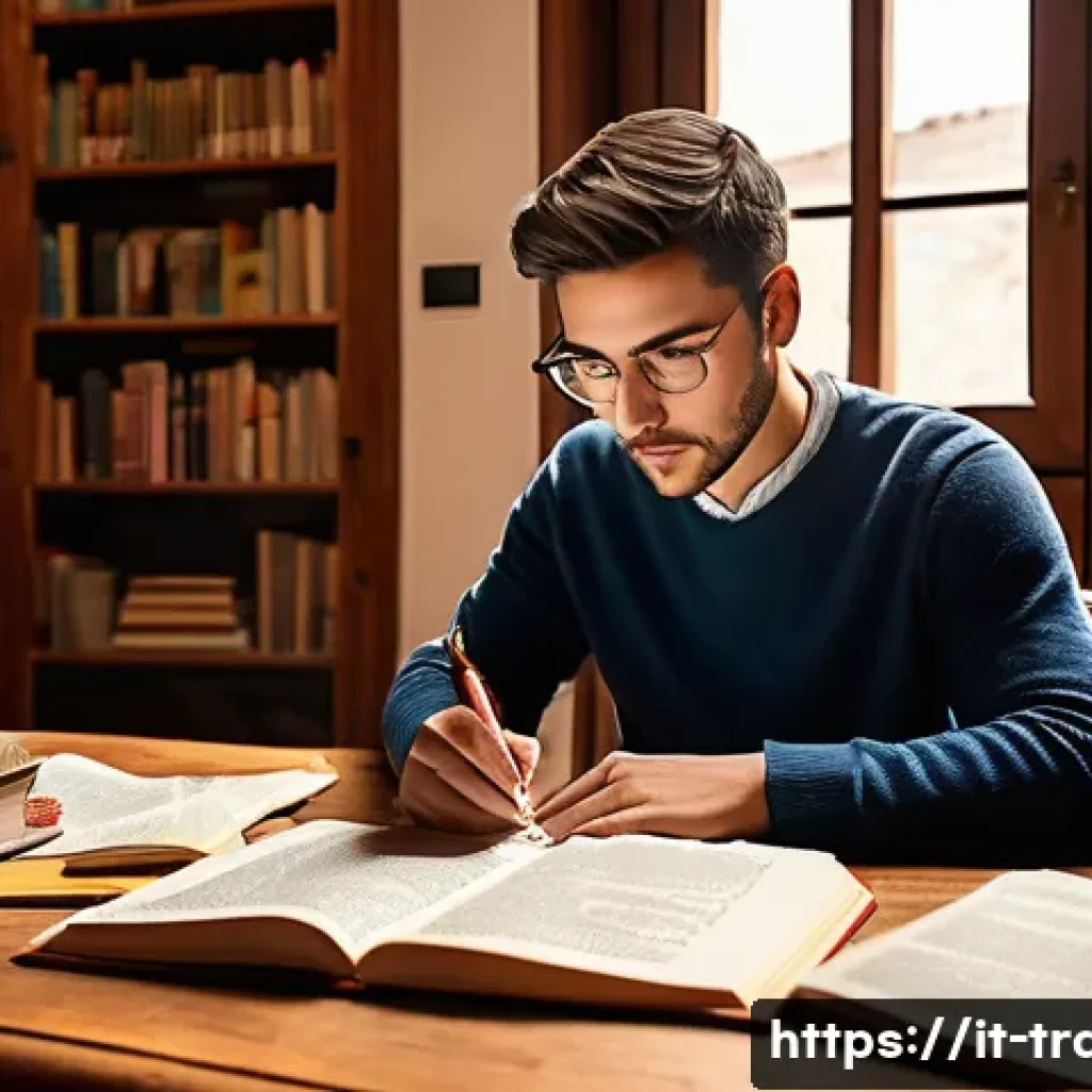 번역사 자격증 대비 예상문제 - A focused university student studying translation techniques at a wooden desk in a cozy Italian-styl...