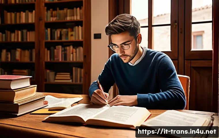 번역사 자격증 대비 예상문제 - A focused university student studying translation techniques at a wooden desk in a cozy Italian-styl...