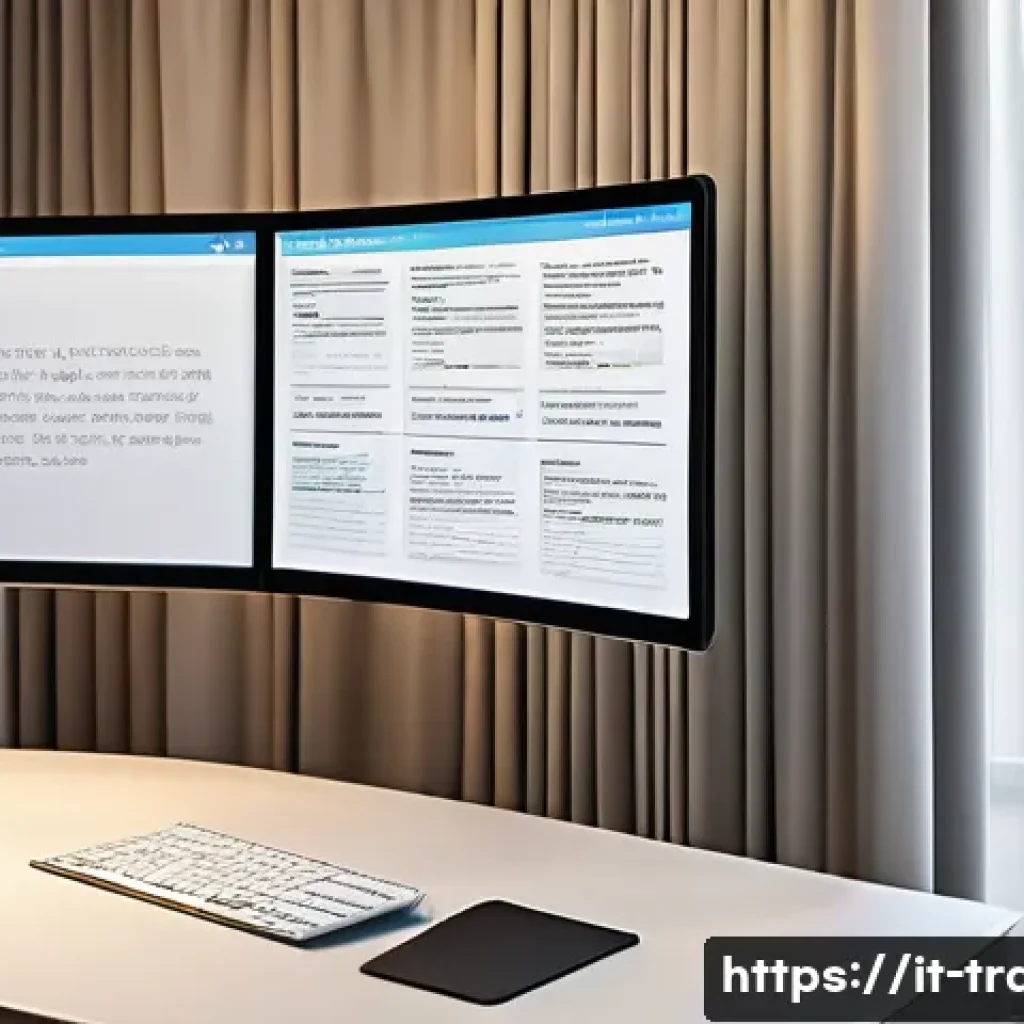 번역사 필수 소프트웨어와 활용법 - A modern, sleek home office workspace featuring a large curved monitor displaying a digital glossary...