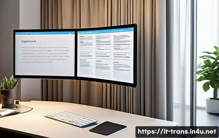 번역사 필수 소프트웨어와 활용법 - A modern, sleek home office workspace featuring a large curved monitor displaying a digital glossary...