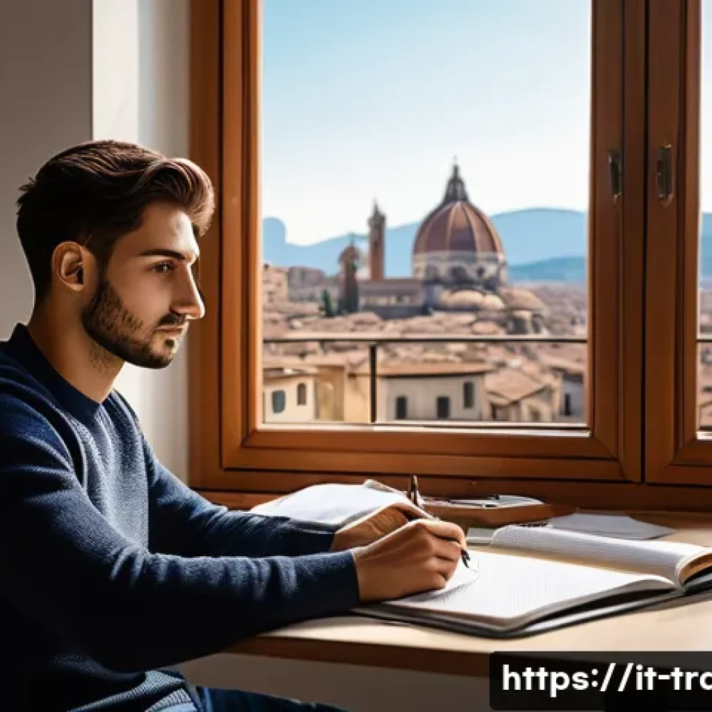 번역사 시험장 분위기와 주의사항 - A focused young adult Italian translator sitting at a tidy desk in a quiet, sunlit room, surrounded ...
