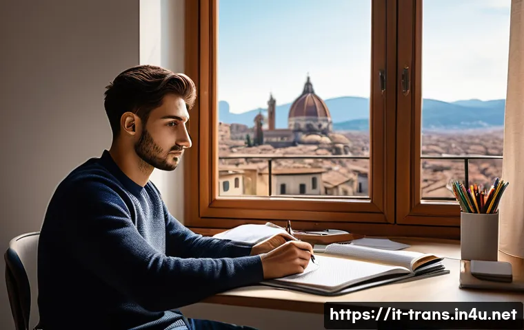 번역사 시험장 분위기와 주의사항 - A focused young adult Italian translator sitting at a tidy desk in a quiet, sunlit room, surrounded ...