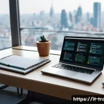 번역사 시험의 최신 트렌드 - A professional translator&rsquo;s modern workspace featuring a sleek laptop displaying SDL Trados software...