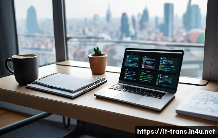번역사 시험의 최신 트렌드 - A professional translator’s modern workspace featuring a sleek laptop displaying SDL Trados software...