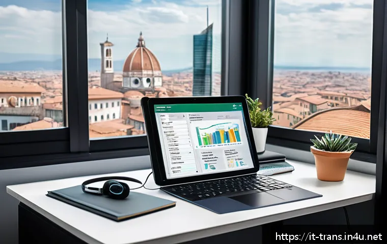 번역사 자격증 시험 관련 최신 정보 - A professional translator&rsquo;s modern workspace featuring a sleek laptop displaying CAT (Computer-Assis...