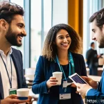 번역사 자격증 취득 후 네트워크 활용 방법 - A professional networking event in a modern Italian conference hall, featuring diverse translators a...