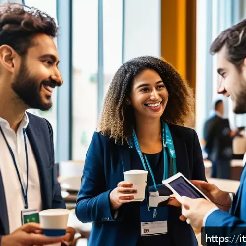 번역사 자격증 취득 후 네트워크 활용 방법 - A professional networking event in a modern Italian conference hall, featuring diverse translators a...