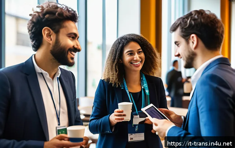 번역사 자격증 취득 후 네트워크 활용 방법 - A professional networking event in a modern Italian conference hall, featuring diverse translators a...